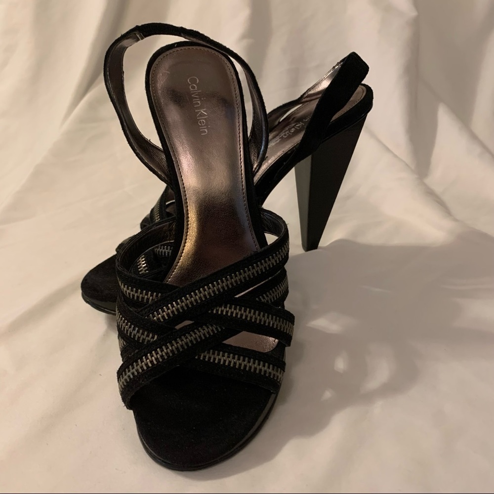 Like New Calvin Klein Makenna Suede and Zipper Detail Heeled Sandal